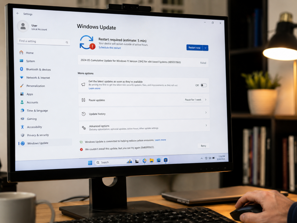 Windows Update에서 업데이트 설치 실패 메시지를 확인하는 화면