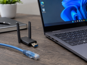 USB 무선 랜카드와 랜선을 함께 놓고 네트워크 연결을 점검하는 장면