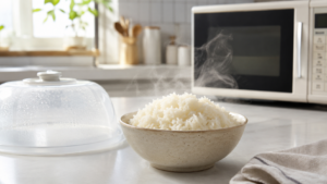 냉동밥 맛있게 데우는 법을 보여주는 전자레인지와 따뜻한 밥 이미지